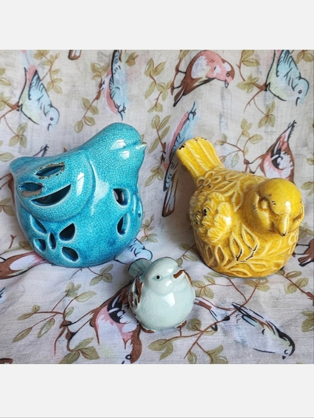 Birds Turquoise Orchid Planter Ceramic Pot And 2 Bird Family Figurines Farmhouse